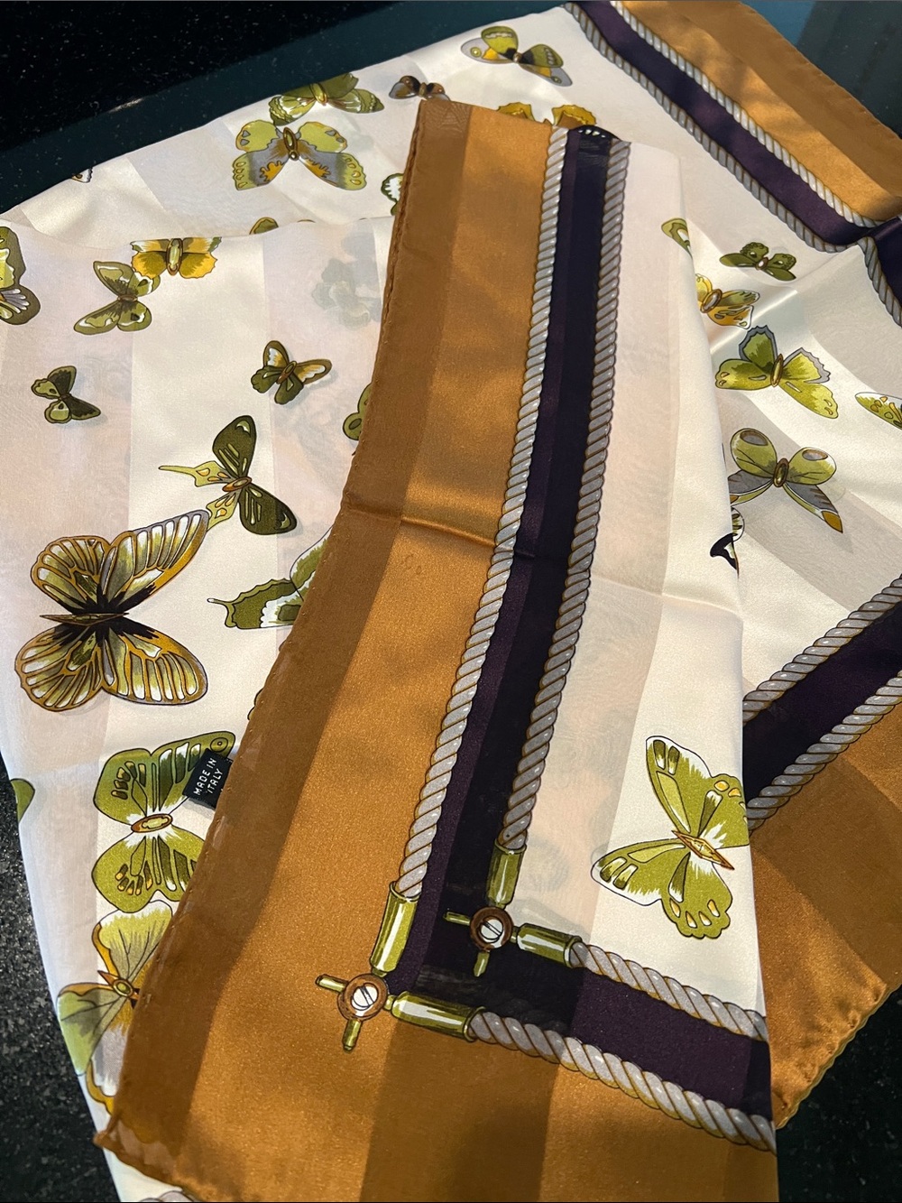 Vintage Made in Italy Butterfly Scarf Olive Gold Brown Equestrian Border